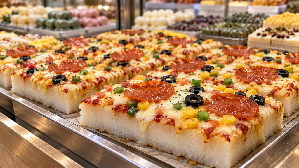 Pizza seolgi topped with cheese, pepperoni, olives, and corn at a Korean tteok shop