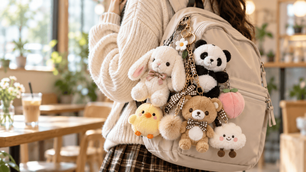 A beige backpack covered with multiple plush keychains in a bright cafe