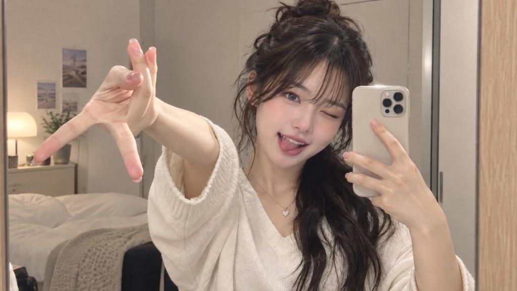 Young woman taking a playful mirror selfie while making the "Yaho" pose