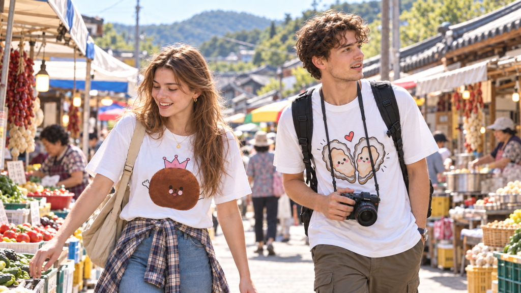 Travelers in Korea wearing T-shirts with giant chestnut and oyster designs at a traditional market